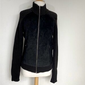 Guess Black Suede Leather Thick Knit Zip Turtleneck Sweater Jacket Size Small
